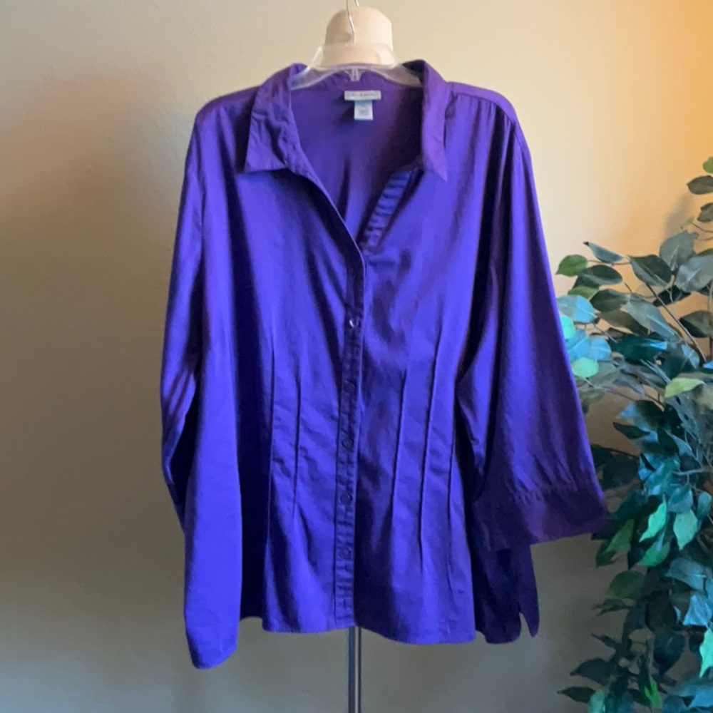 Deep Purple Long Sleeve Button Down Top, 3X - Picture 4 of 9
